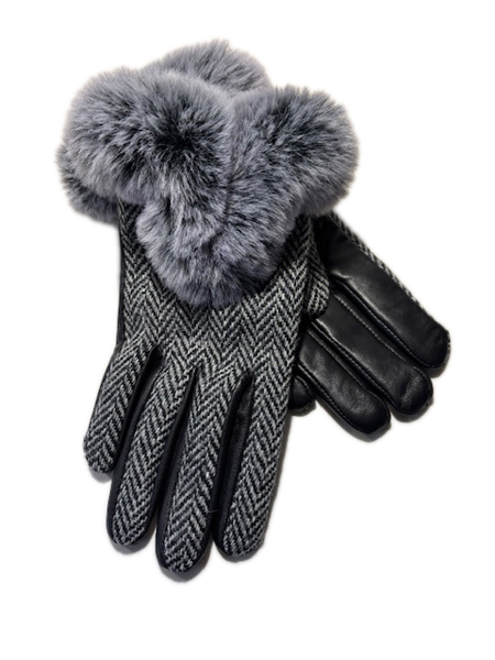 Black Herringbone Harris Tweed Fur Gloves