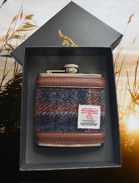 Blue Brown Check Harris Tweed Flask