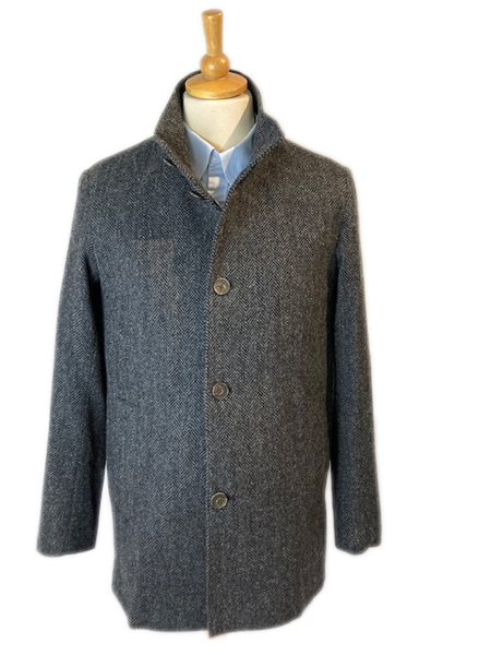 Charles Shortie Overcoat, Grey Herringbone Harris Tweed