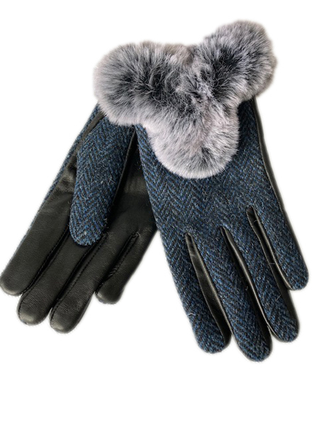 Ladies Harris Tweed Blue Heringbone Gloves Fur