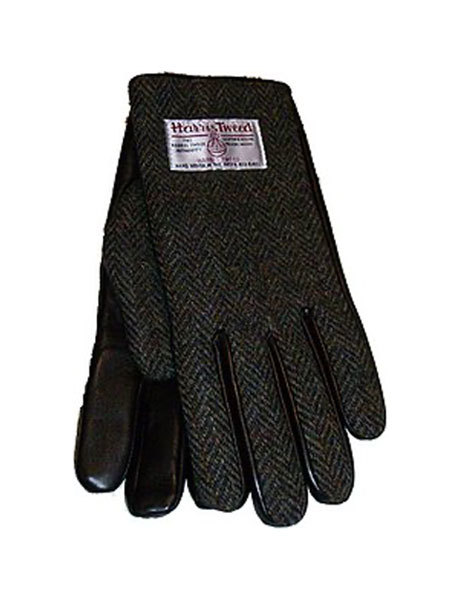 Mens Brown Check Herringbone Harris Tweed Gloves With Brown Leather Palm