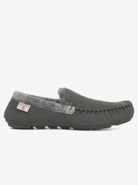 Mens Grey Moccasin Slipper Side