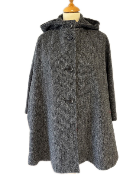 Shortie Grey Herringbone Cape Front