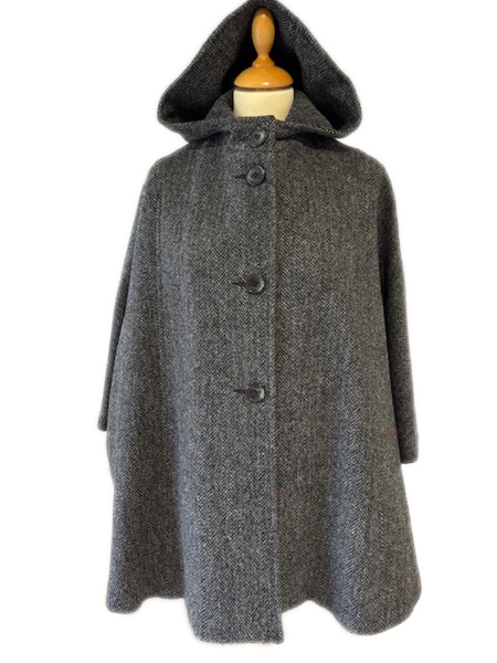 Shortie Grey Herringbone Cape With Hood